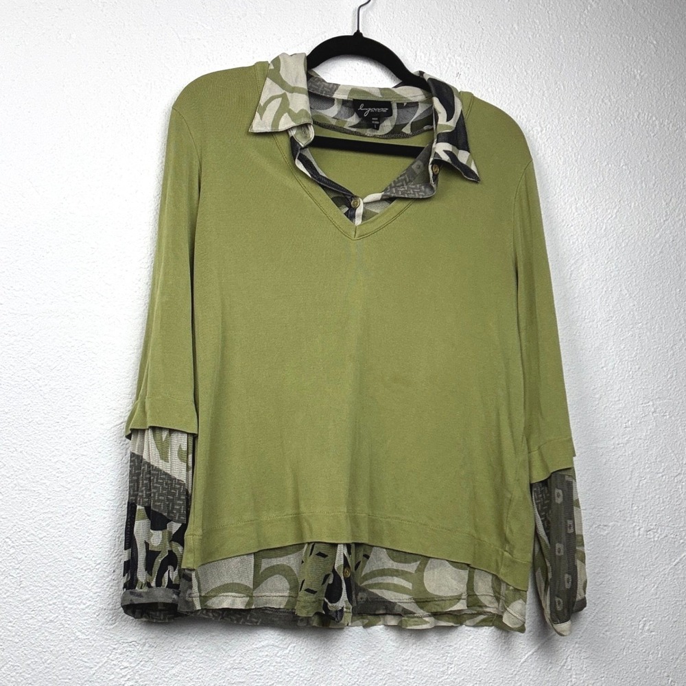 Lynn Ritchie Green Layered Silk Blend Top - L - Mesh Trim Y2K Boho Casual